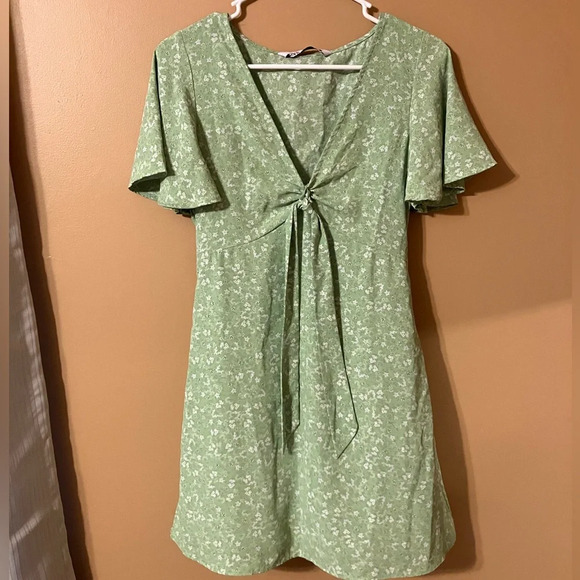 Zara Lime Green Mini Tie Front Dress - Picture 4 of 7
